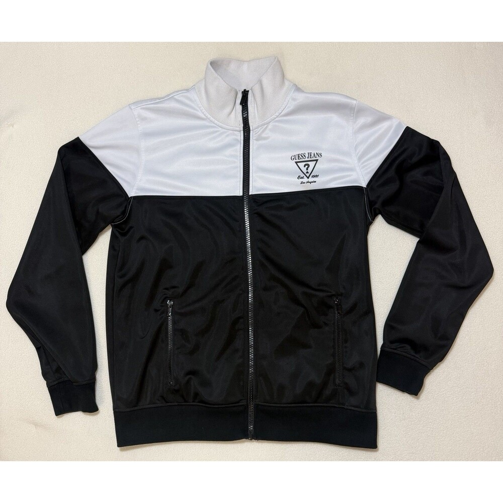 Guess Jeans Track Jacket Mens Large Black White Full Zip Logo